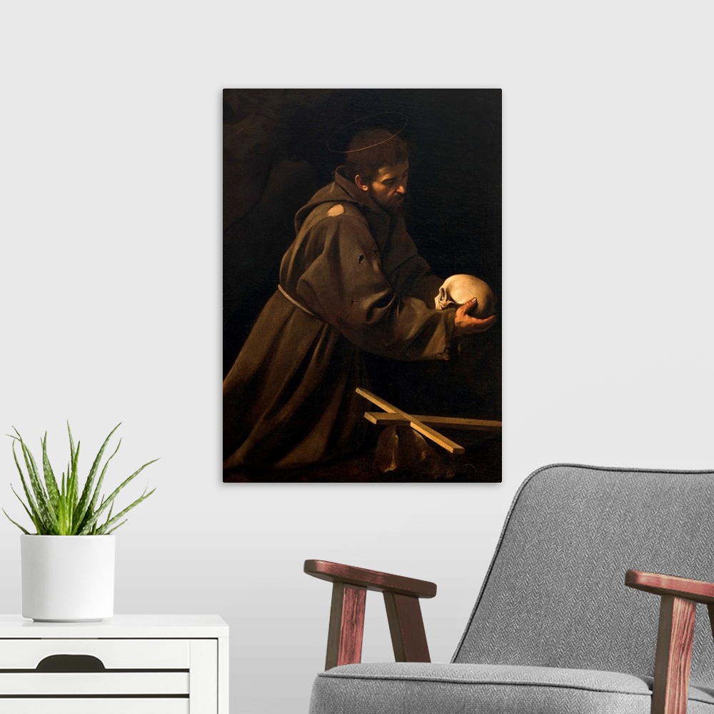 A modern room featuring St Francis in Meditation, by Michelangelo Merisi known as Caravaggio, 1606 - 1614, 17th Century, ...