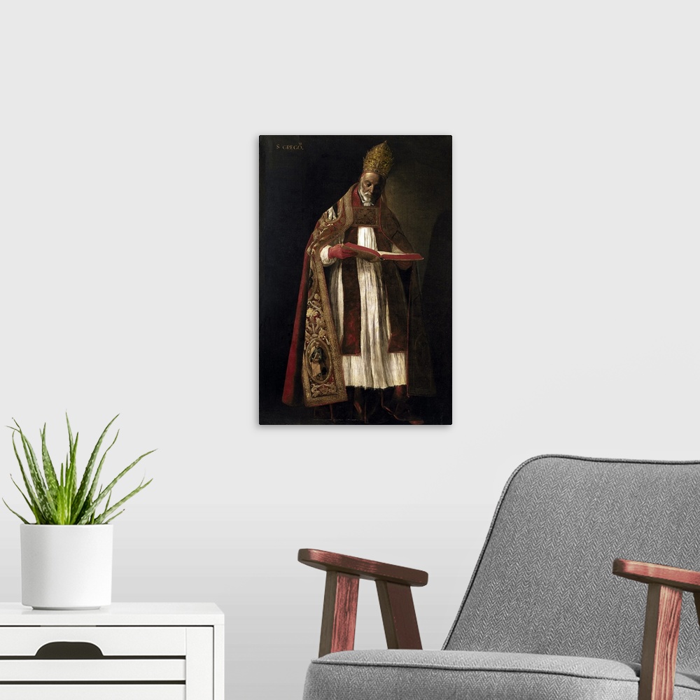 A modern room featuring ZURBARAN, Francisco de (1598-1664). Saint Gregory the Great. 1626-1627. Baroque art. Originally o...