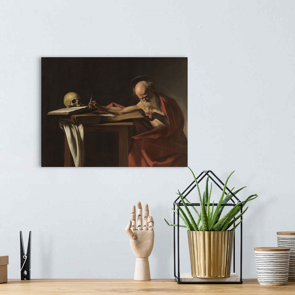 A bohemian room featuring St Jerome, by Michelangelo Merisi known as Caravaggio, 1605 about, 17th Century, oil on canvas, c...