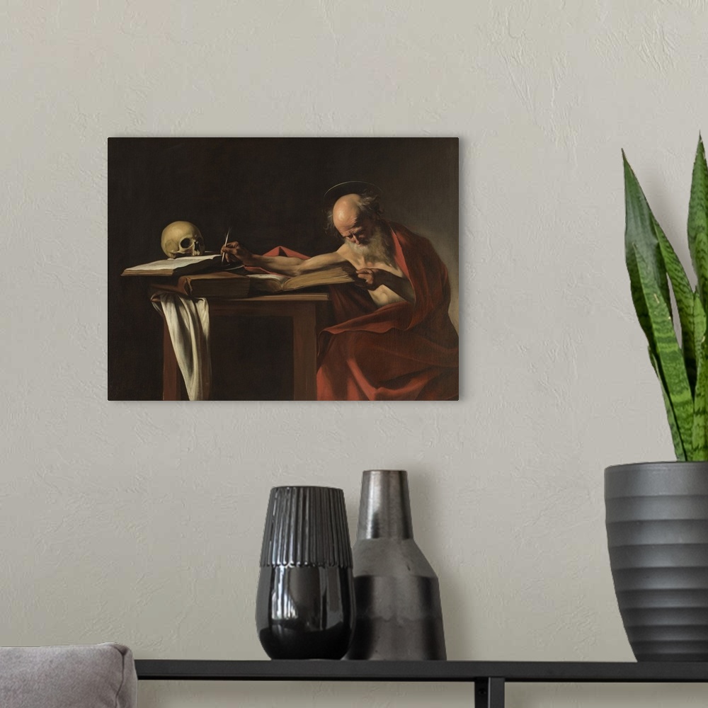 A modern room featuring St Jerome, by Michelangelo Merisi known as Caravaggio, 1605 about, 17th Century, oil on canvas, c...