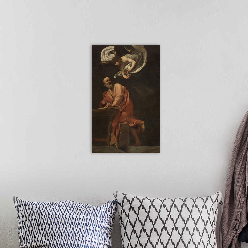 A bohemian room featuring St. Matthew and the Angel, by Michelangelo Merisi known as Caravaggio, 1602, 17th Century, oil on...