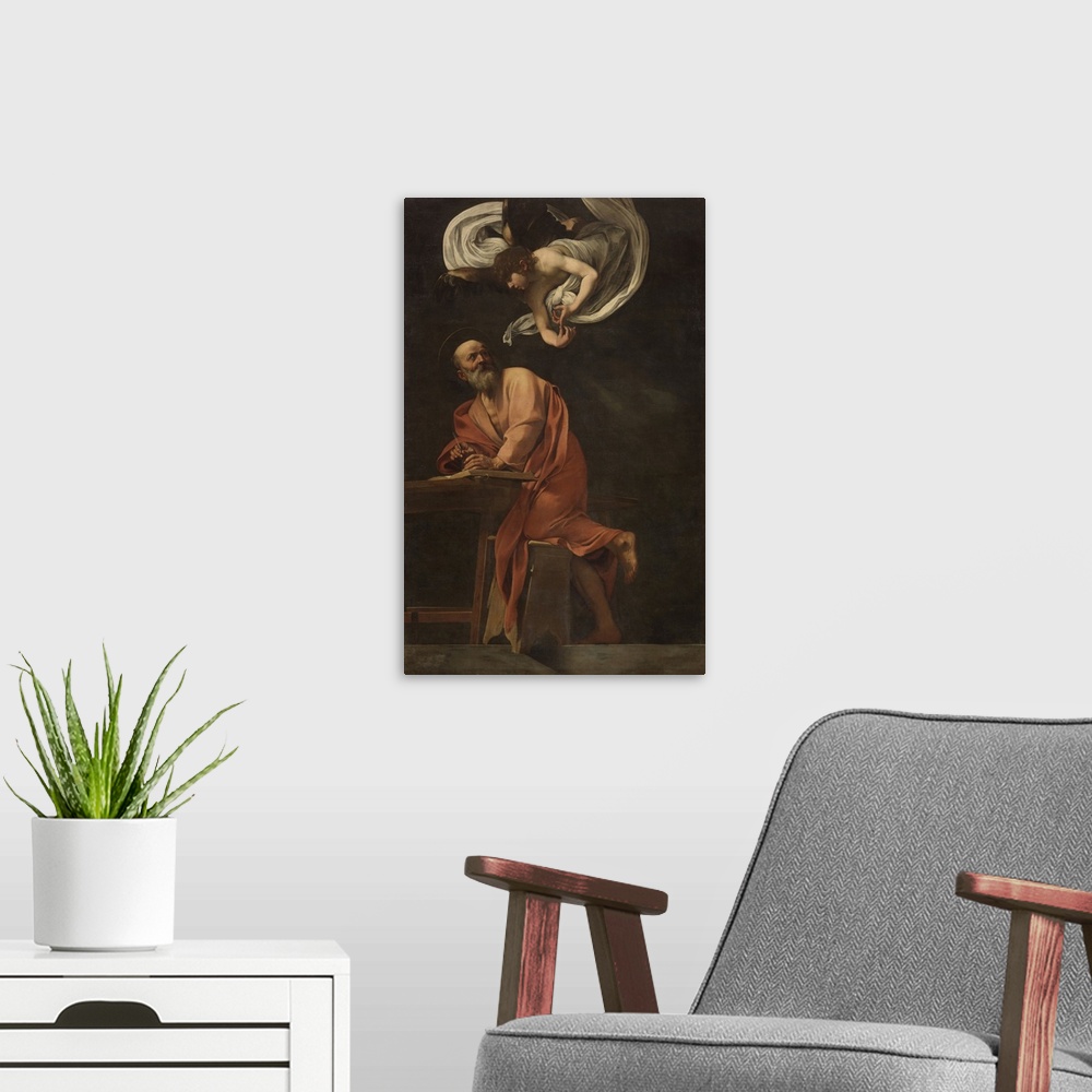A modern room featuring St. Matthew and the Angel, by Michelangelo Merisi known as Caravaggio, 1602, 17th Century, oil on...