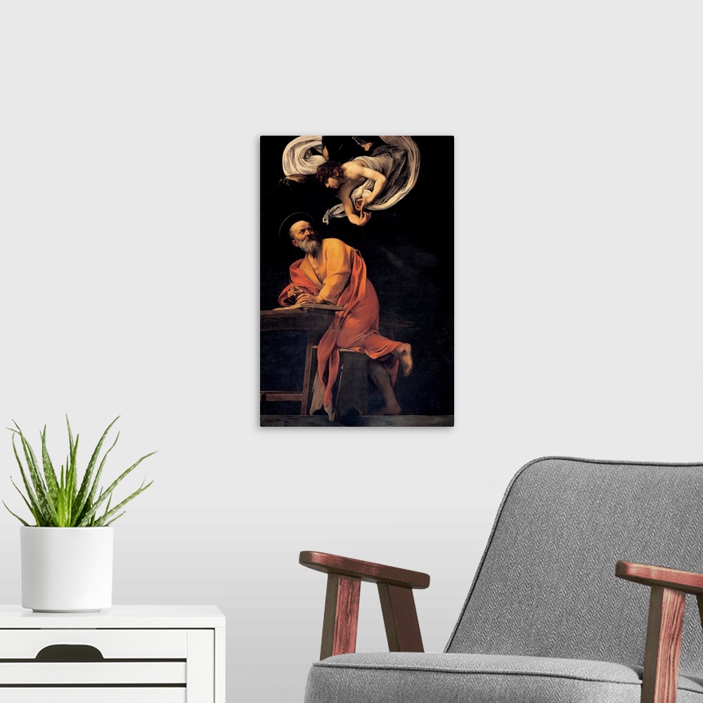 A modern room featuring Merisi Michelangelo known as Caravaggio, St. Matthew and the Angel, 1602, 17th Century, oil on ca...