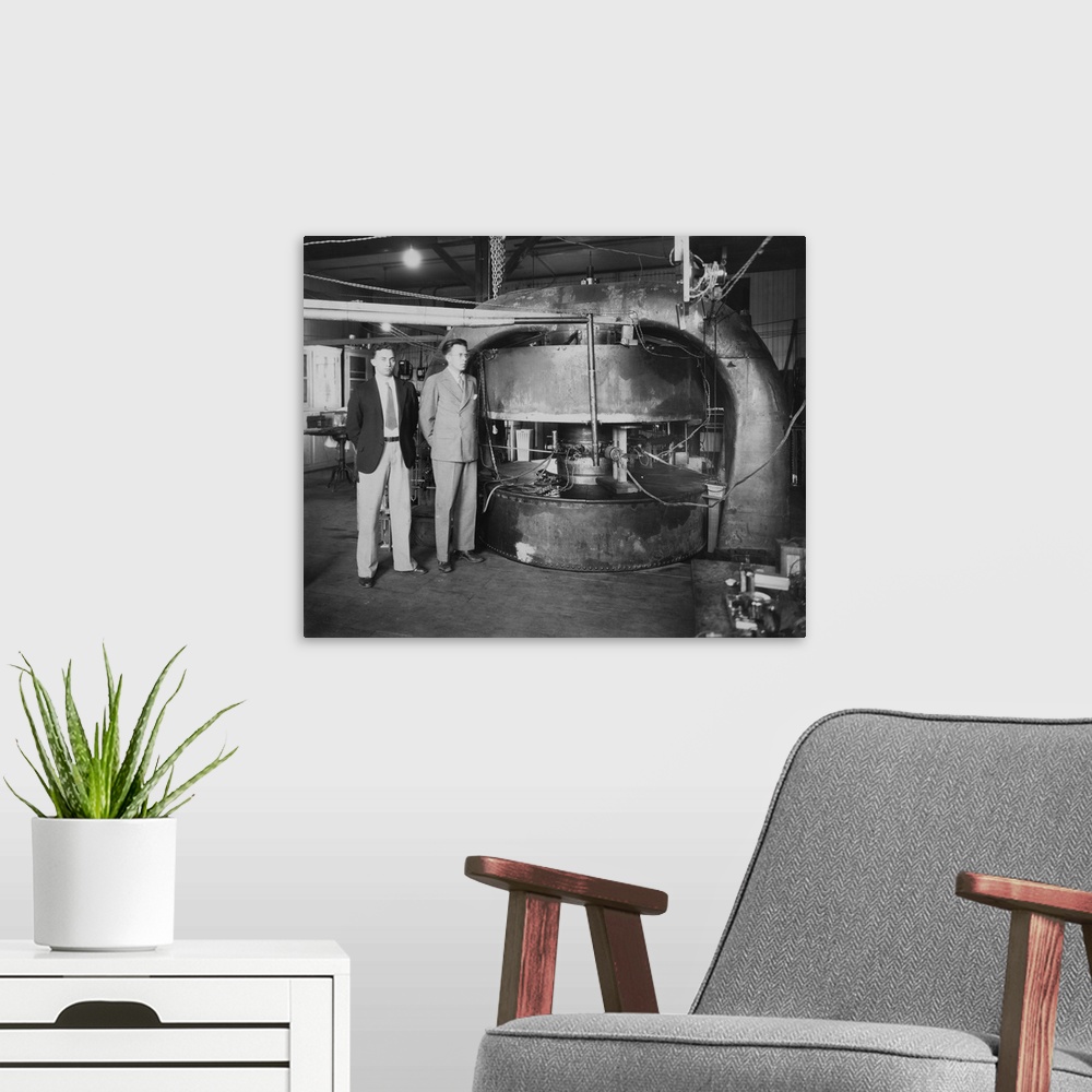 A modern room featuring Stanley Livingston (left) and Ernest Lawrence with the 27-inch cyclotron in 1934. At the Radiatio...