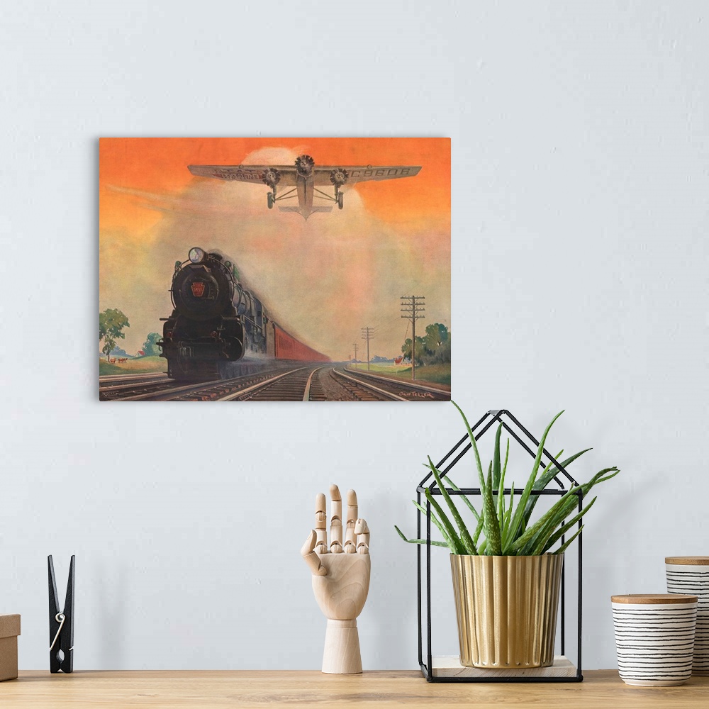 A bohemian room featuring Steam powered locomotive and Ford Tri-Motor airplane speeding through in rural landscape. Poster ...