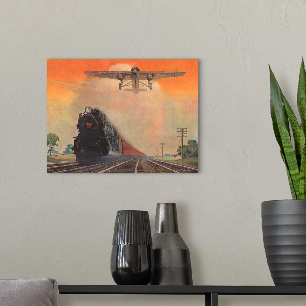 A modern room featuring Steam powered locomotive and Ford Tri-Motor airplane speeding through in rural landscape. Poster ...