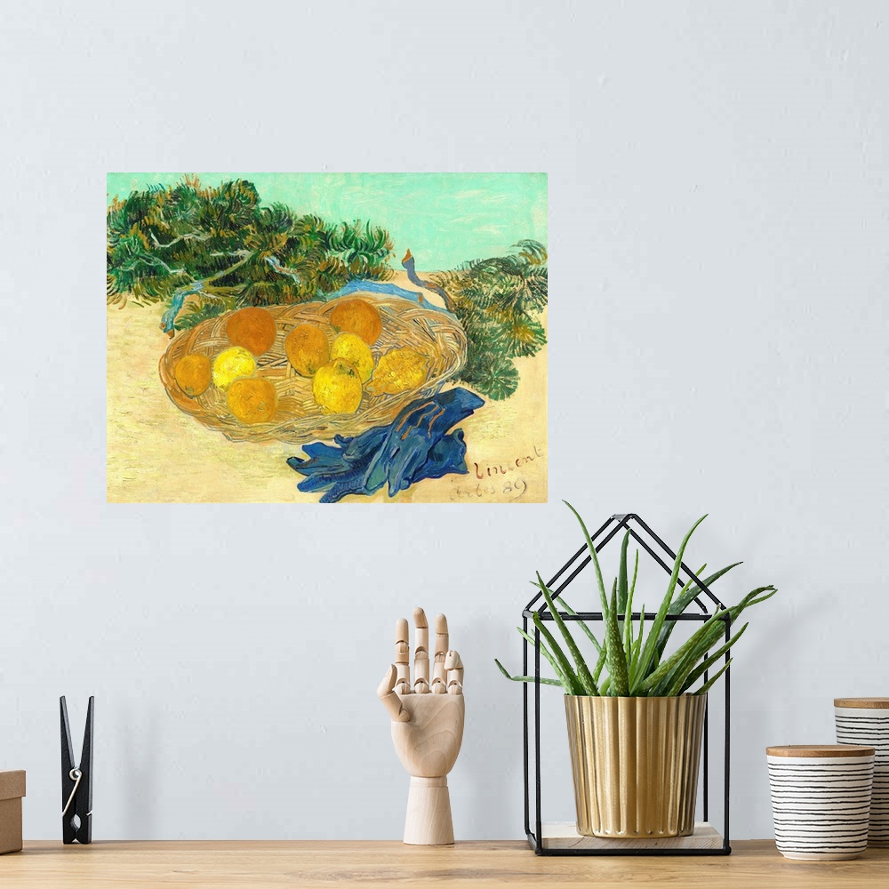 A bohemian room featuring Still Life of Oranges and Lemons with Blue Gloves, by Vincent van Gogh, 1889, Dutch Post-Impressi...