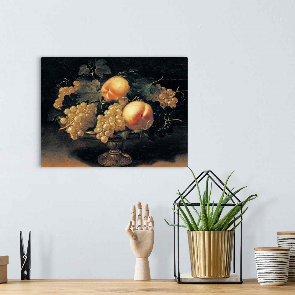 A bohemian room featuring Nuvolone Panfilo, Still Life with Peaches, White Grapes, Black Grapes, Vine Leaves and Metal Cup,...