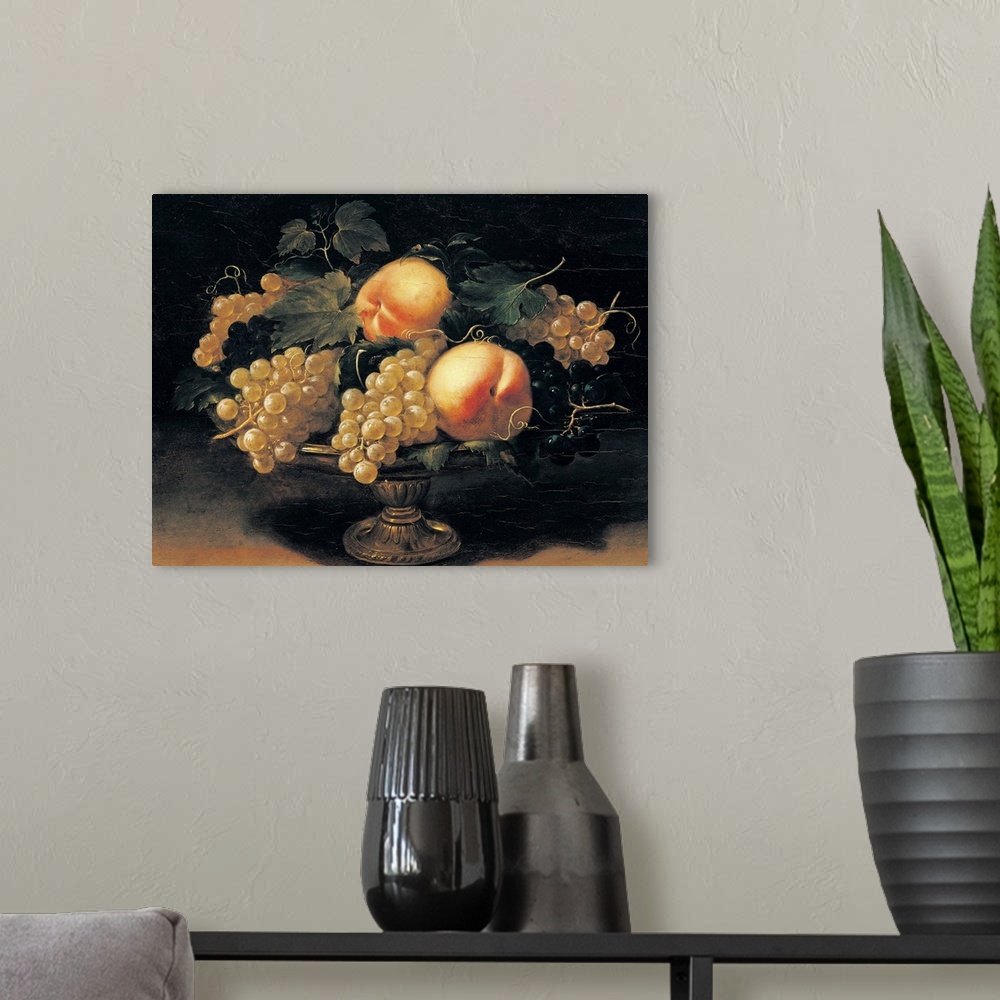 A modern room featuring Nuvolone Panfilo, Still Life with Peaches, White Grapes, Black Grapes, Vine Leaves and Metal Cup,...