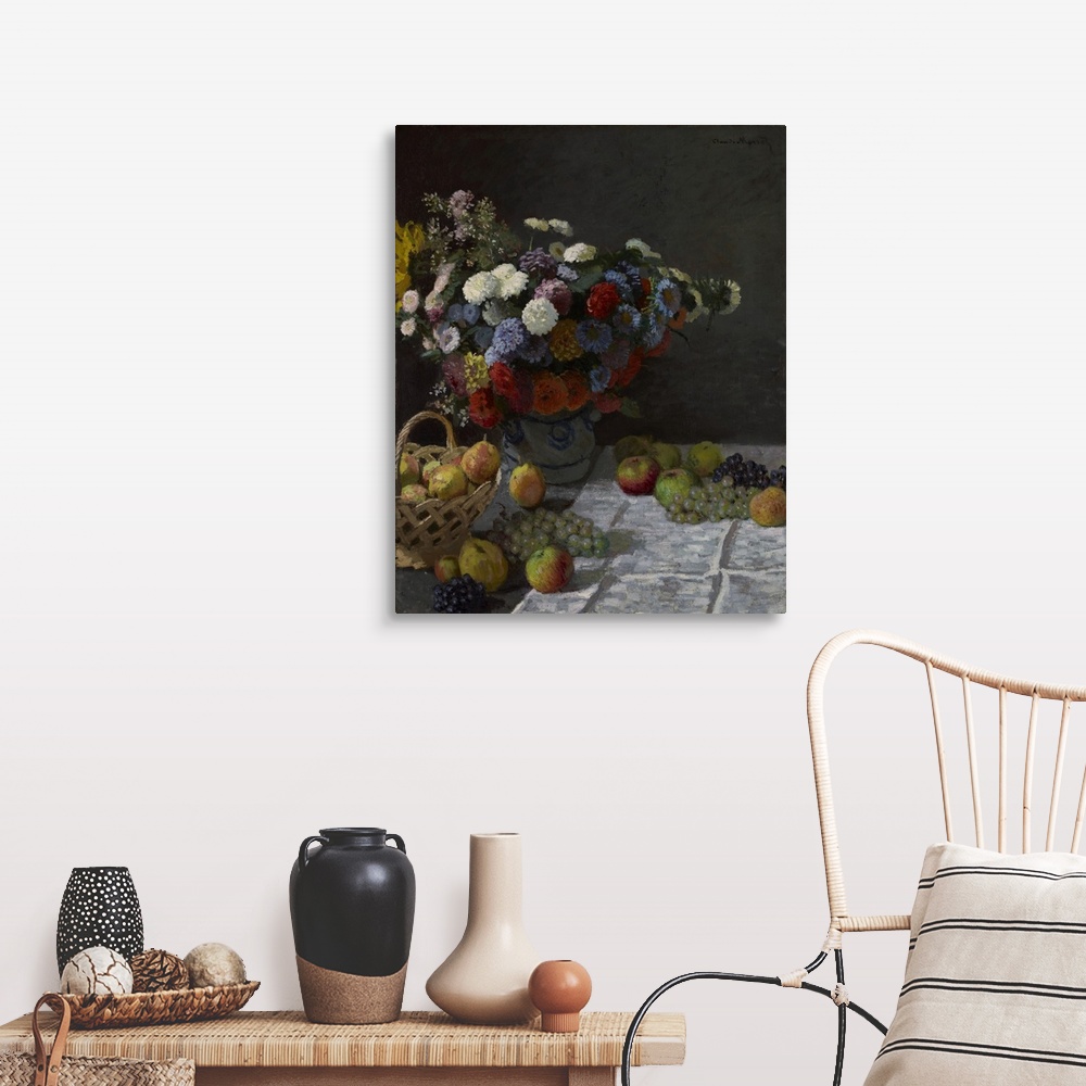 A farmhouse room featuring Still Life with Flowers and Fruit, by Claude Monet, 1869, French impressionist painting, oil on c...