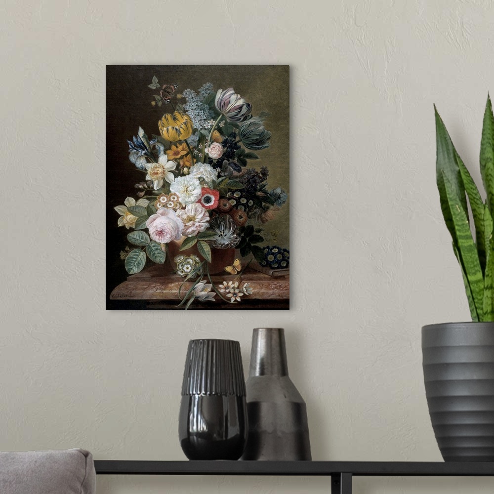 A modern room featuring Still Life with Flowers, by Eelke Jelles Eelkema, c. 1815-39, Dutch oil painting, oil on canvas. ...