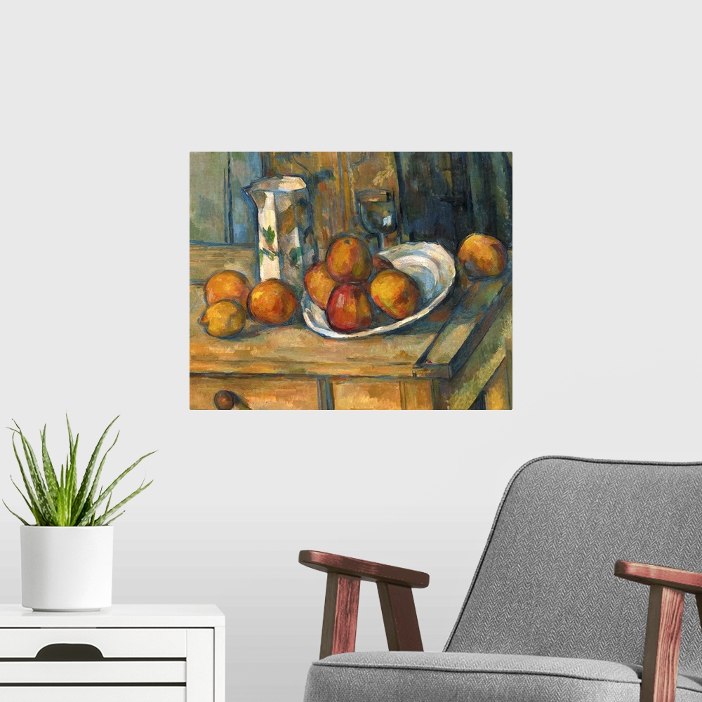 A modern room featuring Still Life with Milk Jug and Fruit, by Paul Cezanne, 1900, French Post-Impressionist painting, oi...