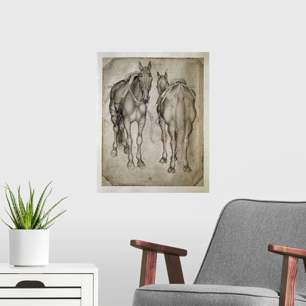 A modern room featuring PISANELLO, Antonio di Puccio Pisano, called (1395-1455). Study of Two Horses. beg. 15th c. Skecht...