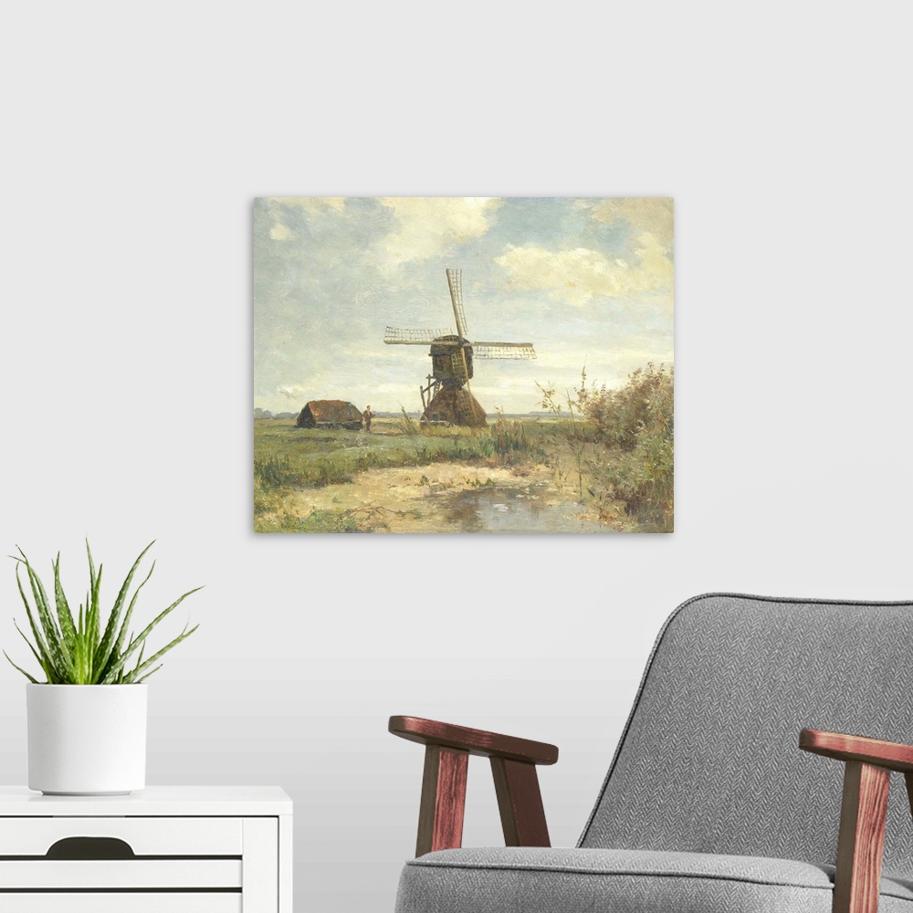 A modern room featuring Sunny Day, a Mill to a Waterway, by Paul Gabriel, c. 1860-1903, Dutch painting, oil on panel. Nea...