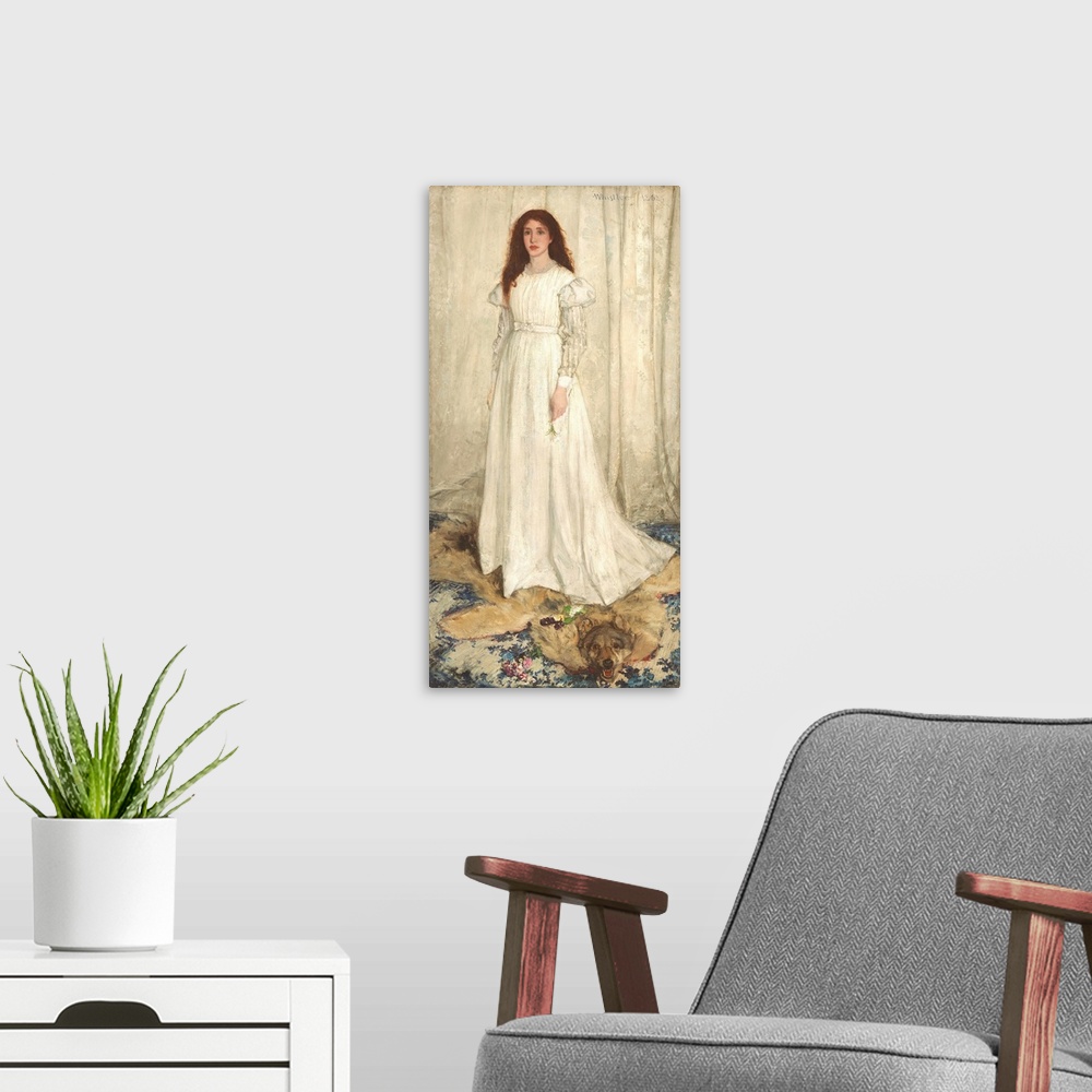 A modern room featuring Symphony in White, No. 1: The White Girl, by James McNeill Whistler, 1862, American painting, oil...