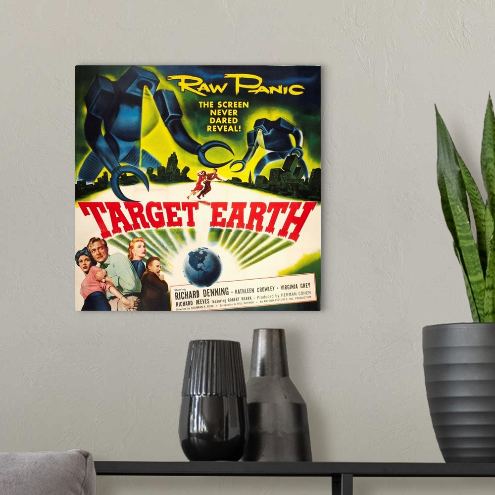 A modern room featuring Target Earth - Vintage Movie Poster