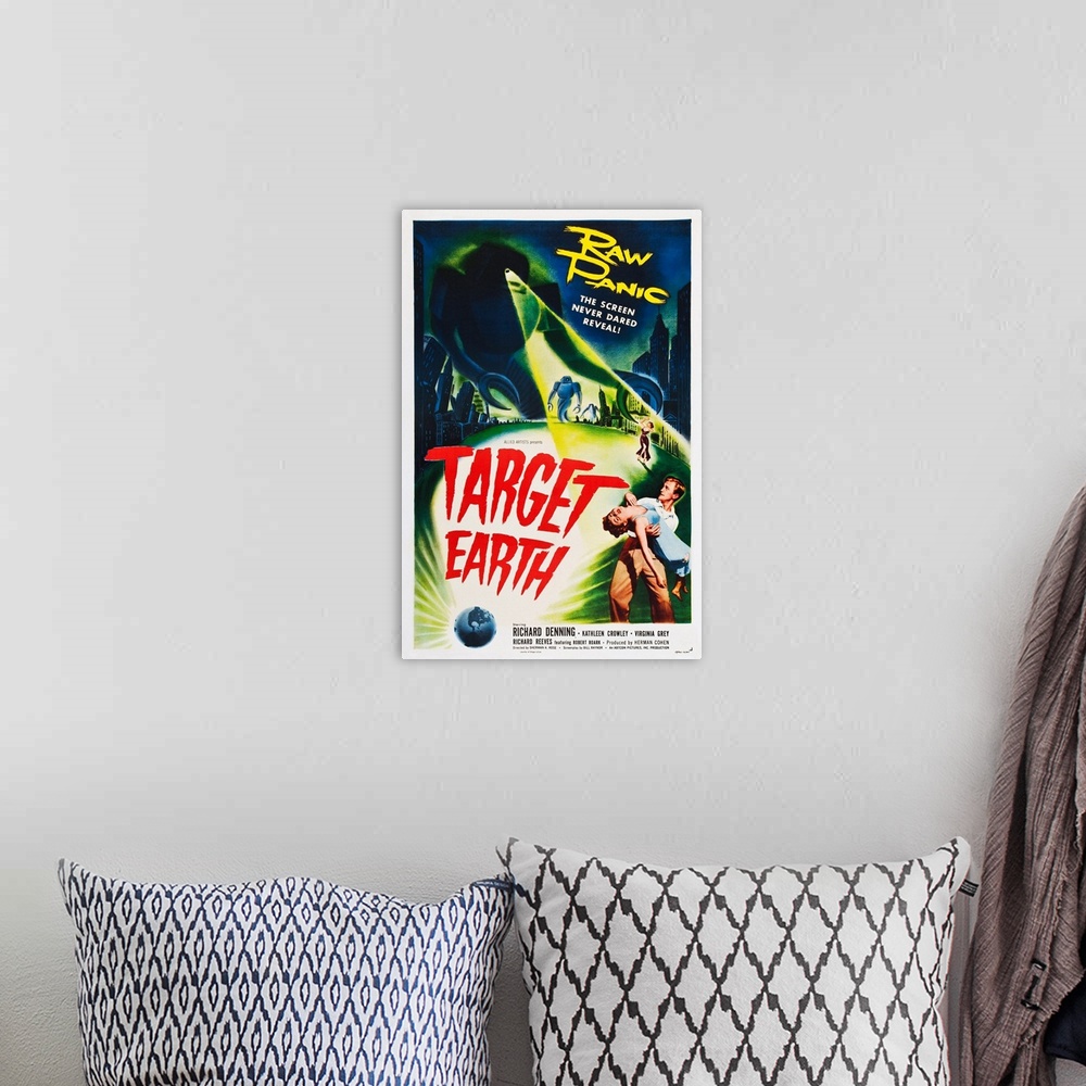 A bohemian room featuring Target Earth - Vintage Movie Poster