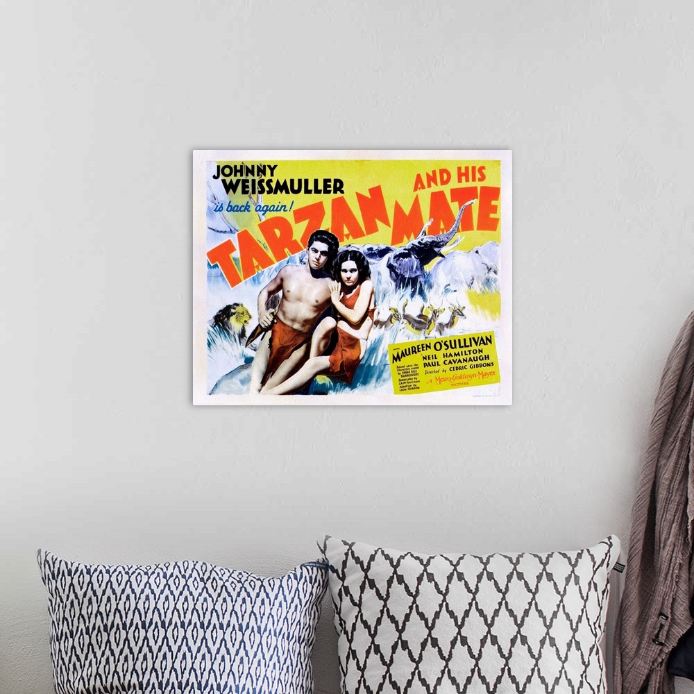A bohemian room featuring Tarzan And His Mate, US Poster, From Left: Johnny Weissmuller, Maureen O'sullivan, 1934.