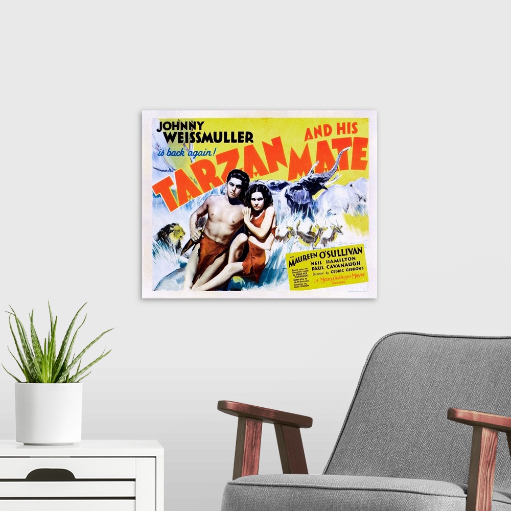 A modern room featuring Tarzan And His Mate, US Poster, From Left: Johnny Weissmuller, Maureen O'sullivan, 1934.
