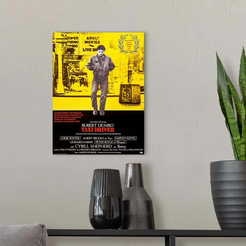 A modern room featuring Taxi Driver, German Poster Art, Robert De Niro, 1976.