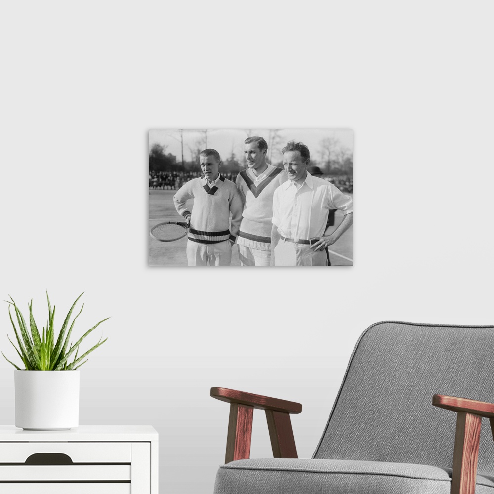 A modern room featuring Tennis champions Vincent Richards, Bill Tilden, and Bill Johnston in the 1920s. The trio were on ...
