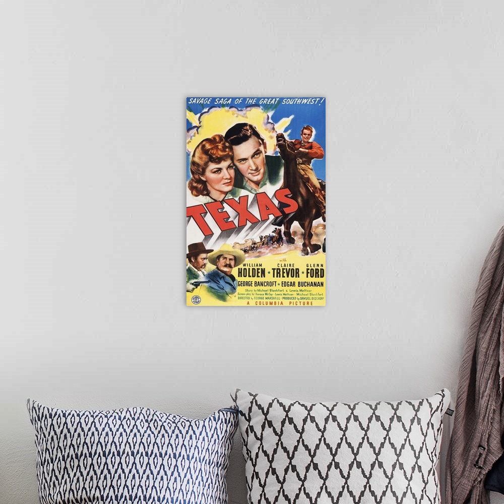 A bohemian room featuring Retro poster artwork for the film Texas.