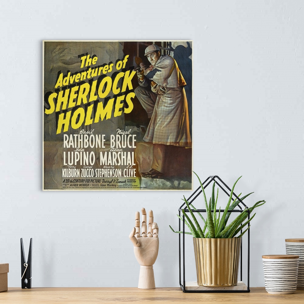 A bohemian room featuring The Adventures Of Sherlock Holmes, Basil Rathbone On Poster Art, 1939.