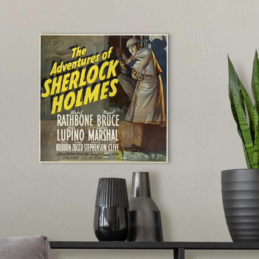 A modern room featuring The Adventures Of Sherlock Holmes, Basil Rathbone On Poster Art, 1939.