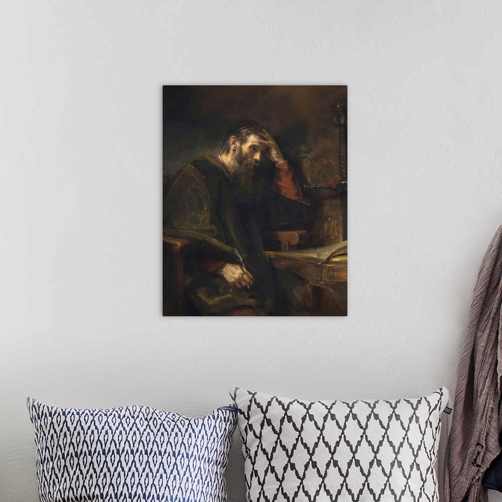 A bohemian room featuring The Apostle Paul, by Rembrandt van Rijn, c. 1657, Dutch painting, oil on canvas. Meditative Paul ...