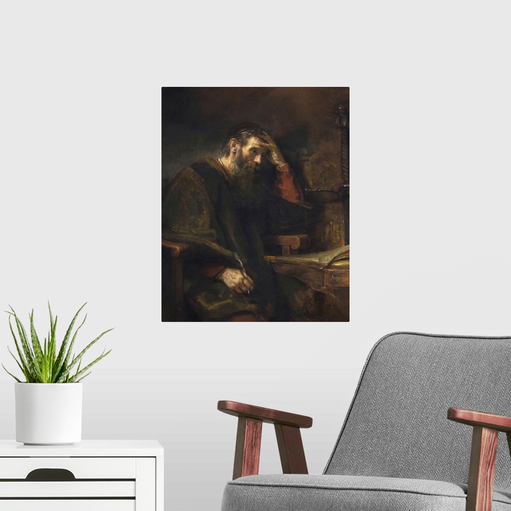 A modern room featuring The Apostle Paul, by Rembrandt van Rijn, c. 1657, Dutch painting, oil on canvas. Meditative Paul ...