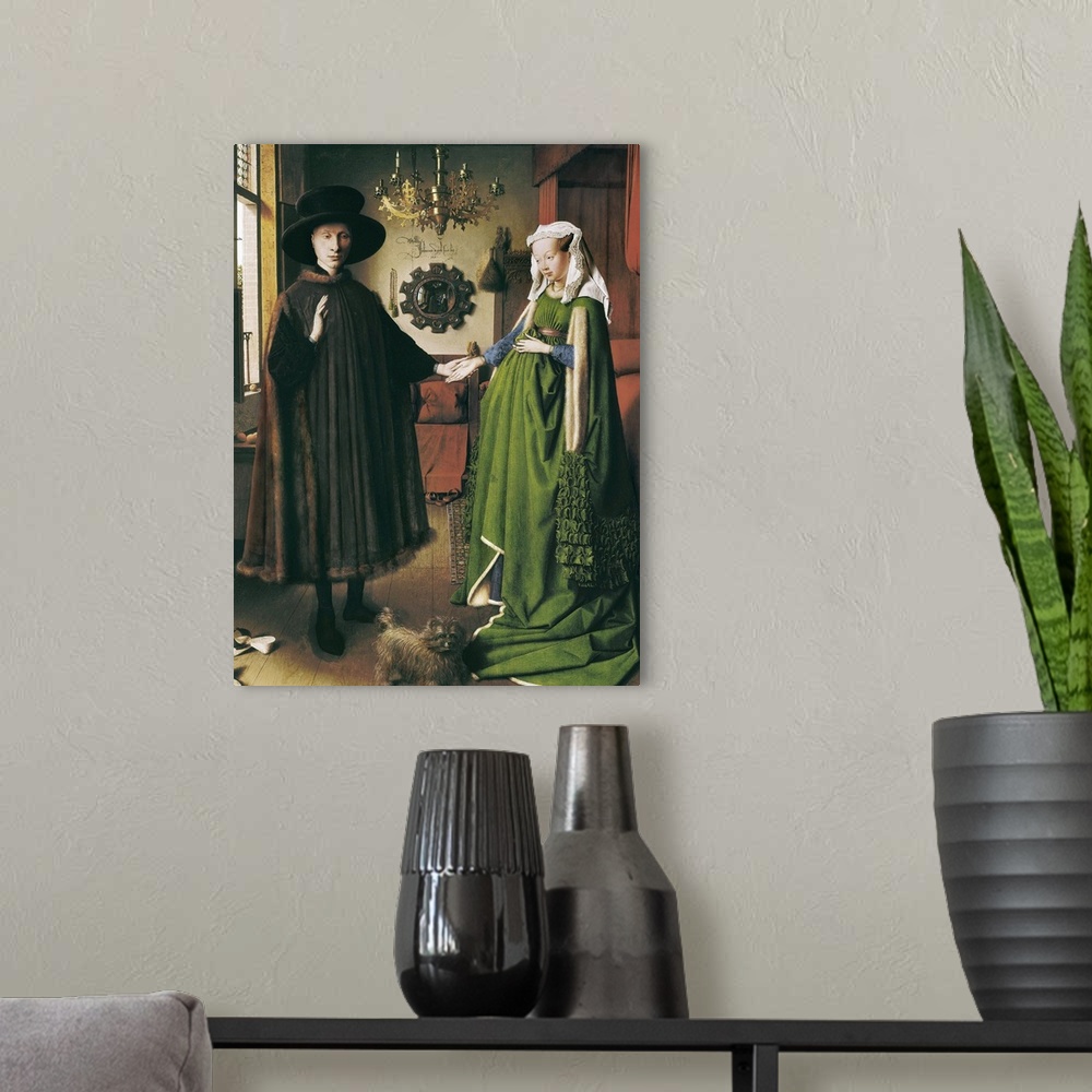 A modern room featuring The Arnolfini Portrait by Jan van Eyck