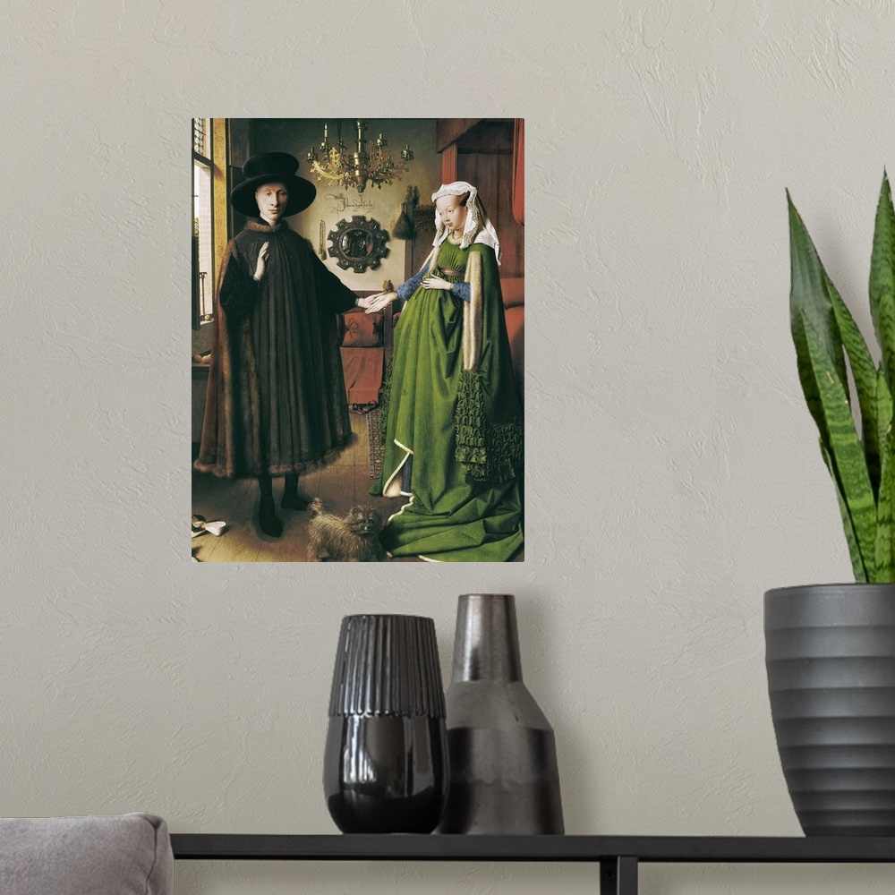 A modern room featuring The Arnolfini Portrait by Jan van Eyck