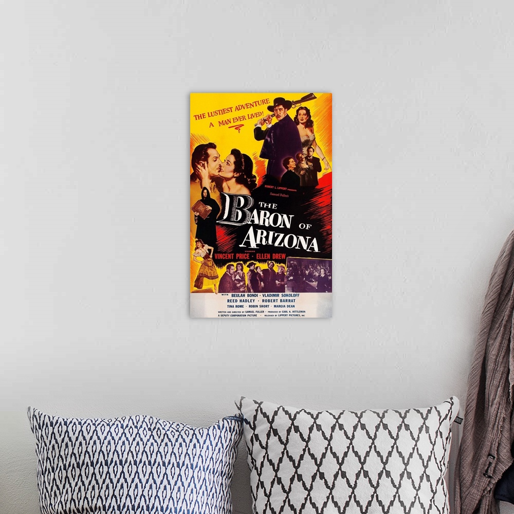 A bohemian room featuring The Baron Of Arizona, US Poster Art, Top Right: Vincent Price, Ellen Drew; Below Vincent Price: B...