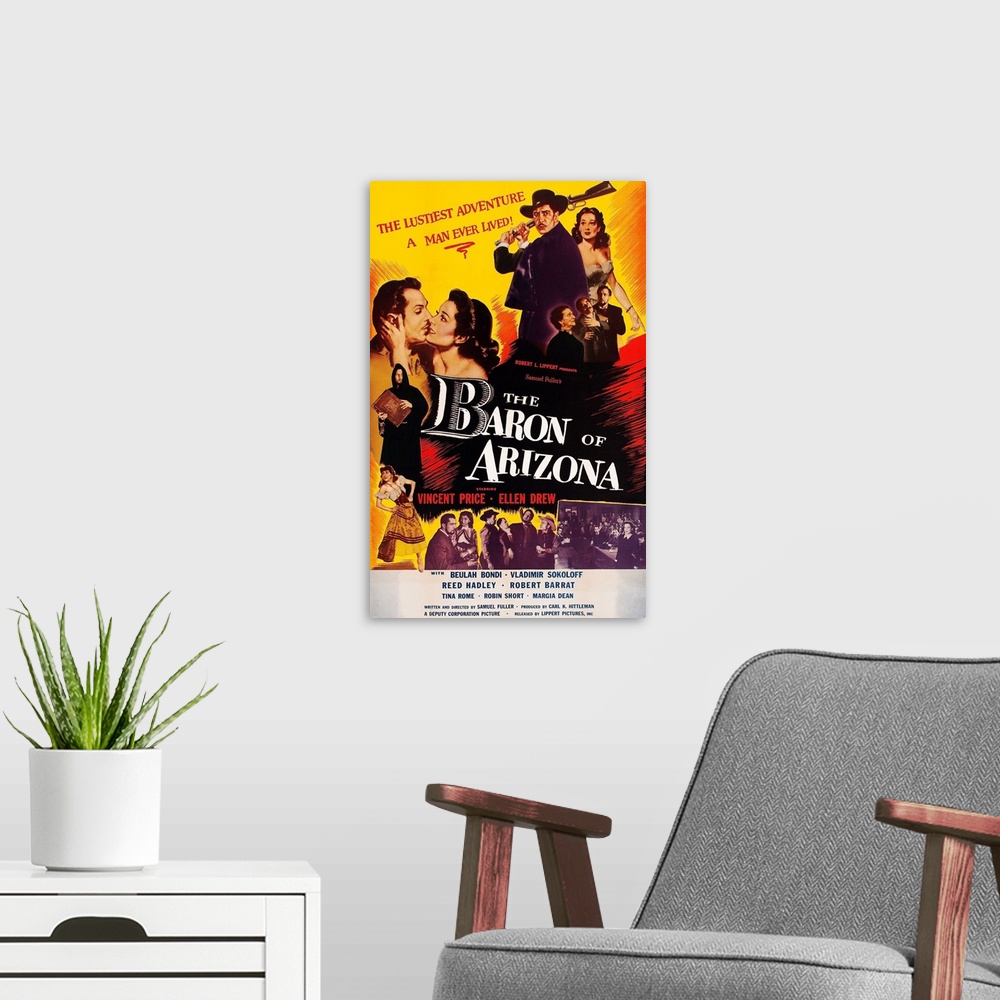 A modern room featuring The Baron Of Arizona, US Poster Art, Top Right: Vincent Price, Ellen Drew; Below Vincent Price: B...