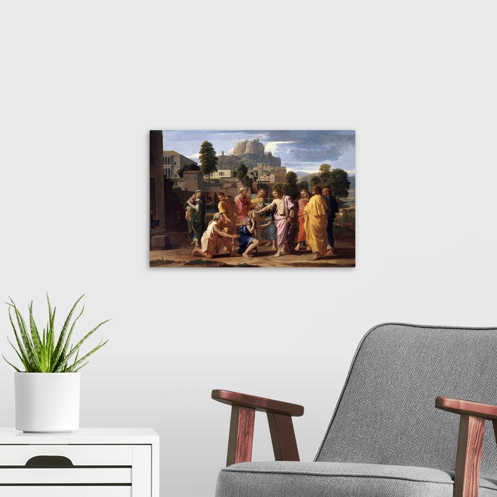 A modern room featuring 3876, Nicolas Poussin, French School. The Blind of Jericho, or Christ Healing the Blind. 1650. Oi...