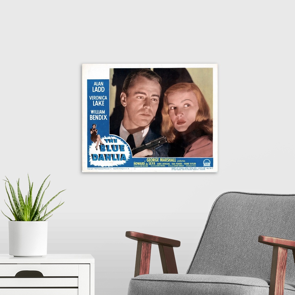 A modern room featuring The Blue Dahlia, Poster, Alan Ladd, Veronica Lake, 1946.