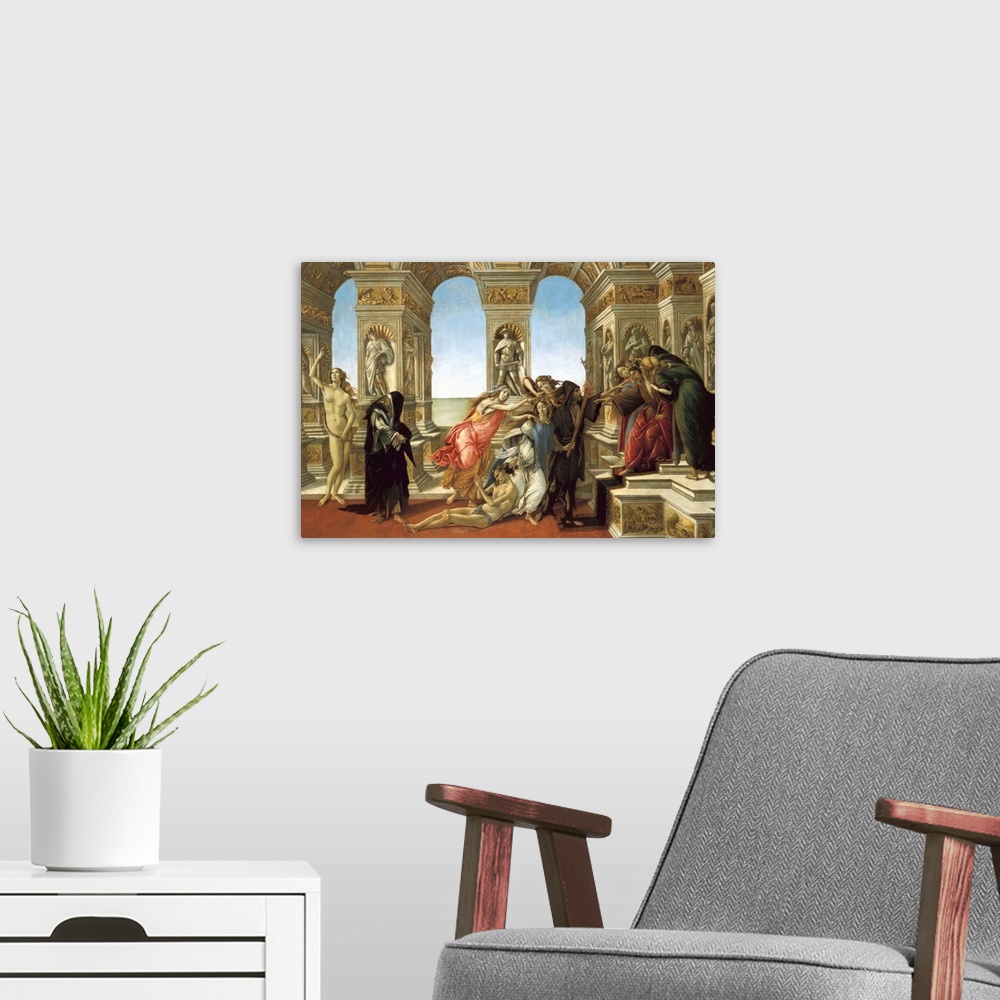 A modern room featuring The Calumny of Apelles