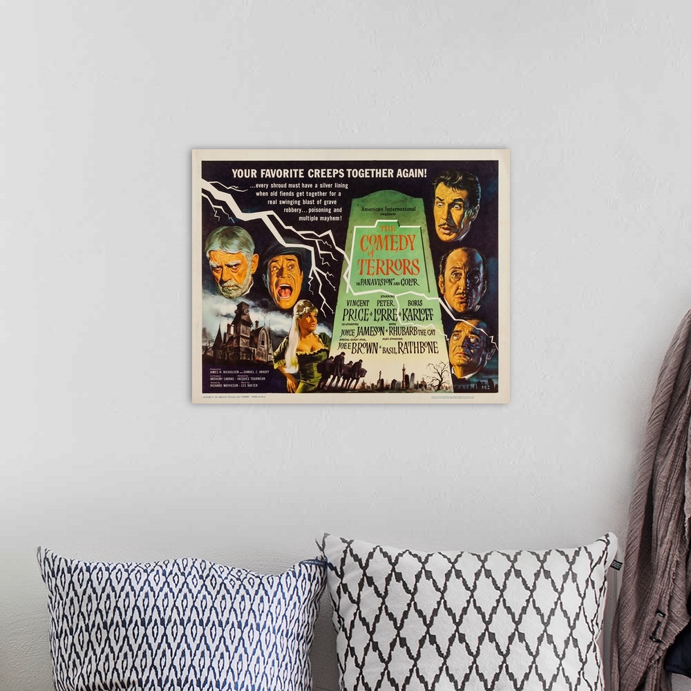 A bohemian room featuring The Comedy Of Terrors, US Poster Art, Clockwise From Left: Boris Karloff, Joe E. Brown, Joyce Jam...