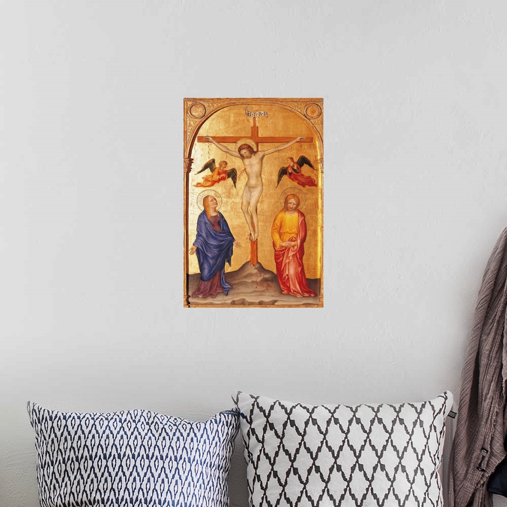 A bohemian room featuring Italy, Lombardy, Milan, Brera art gallery. All. Crucifixion gold yellow blue red mantle cloak St ...