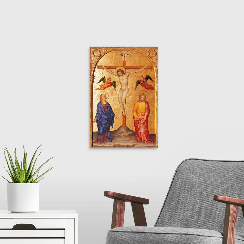 A modern room featuring Italy, Lombardy, Milan, Brera art gallery. All. Crucifixion gold yellow blue red mantle cloak St ...