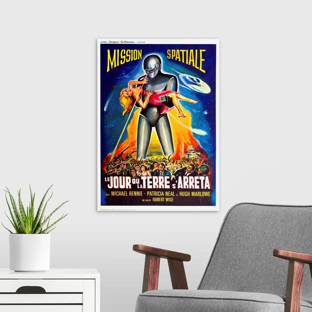 A modern room featuring The Day The Earth Stood Still (aka Le Jour Ou La Terre S'Arreta), French Poster Art, 1951.