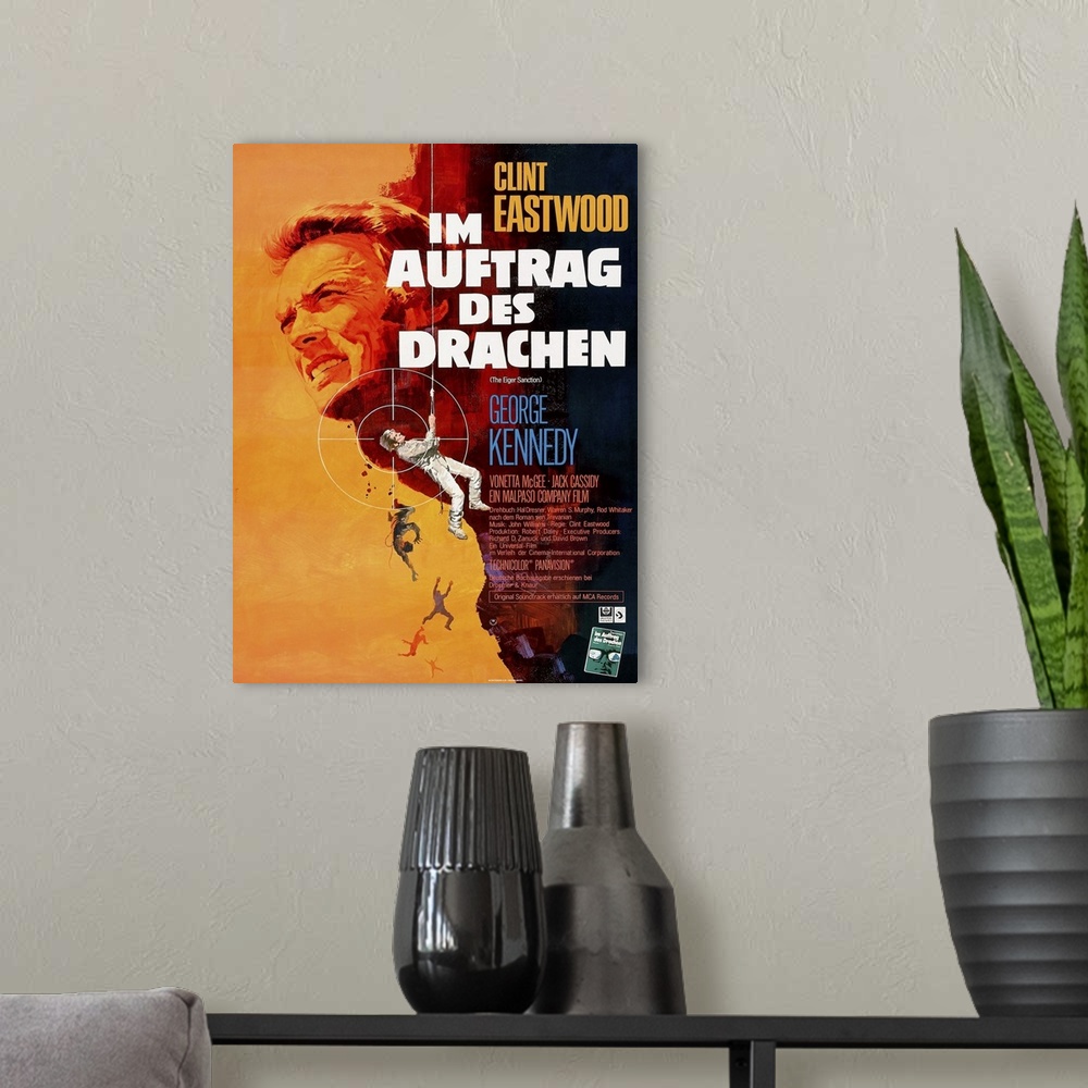 A modern room featuring The Eiger Sanction, (aka Im Auftrag Des Drachen), Clint Eastwood On German Poster Art, 1975.