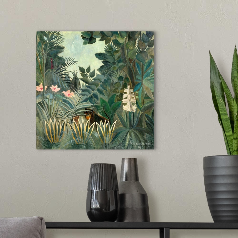 A modern room featuring The Equatorial Jungle, by Henri Rousseau, 1909, French painting, oil on canvas. Henri Rousseau wa...