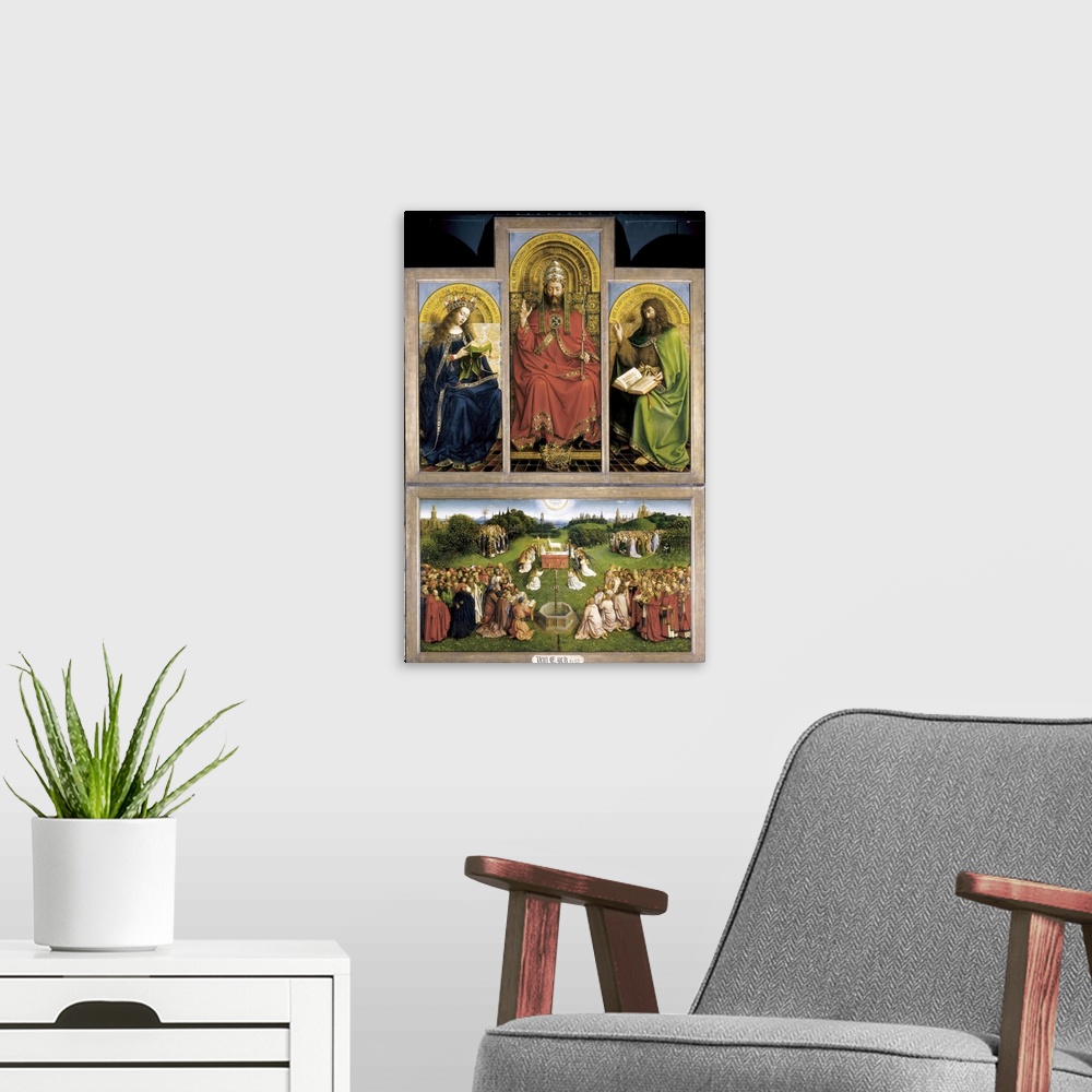 A modern room featuring The Ghent Altarpiece or Adoration of the Mystic Lamb. Jan van Eyck