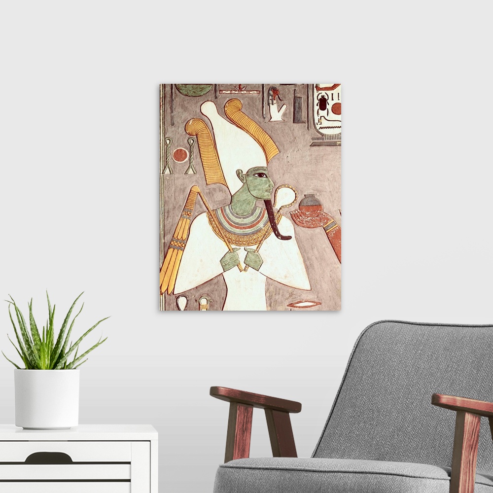 A modern room featuring The god Osiris, Egyptian art