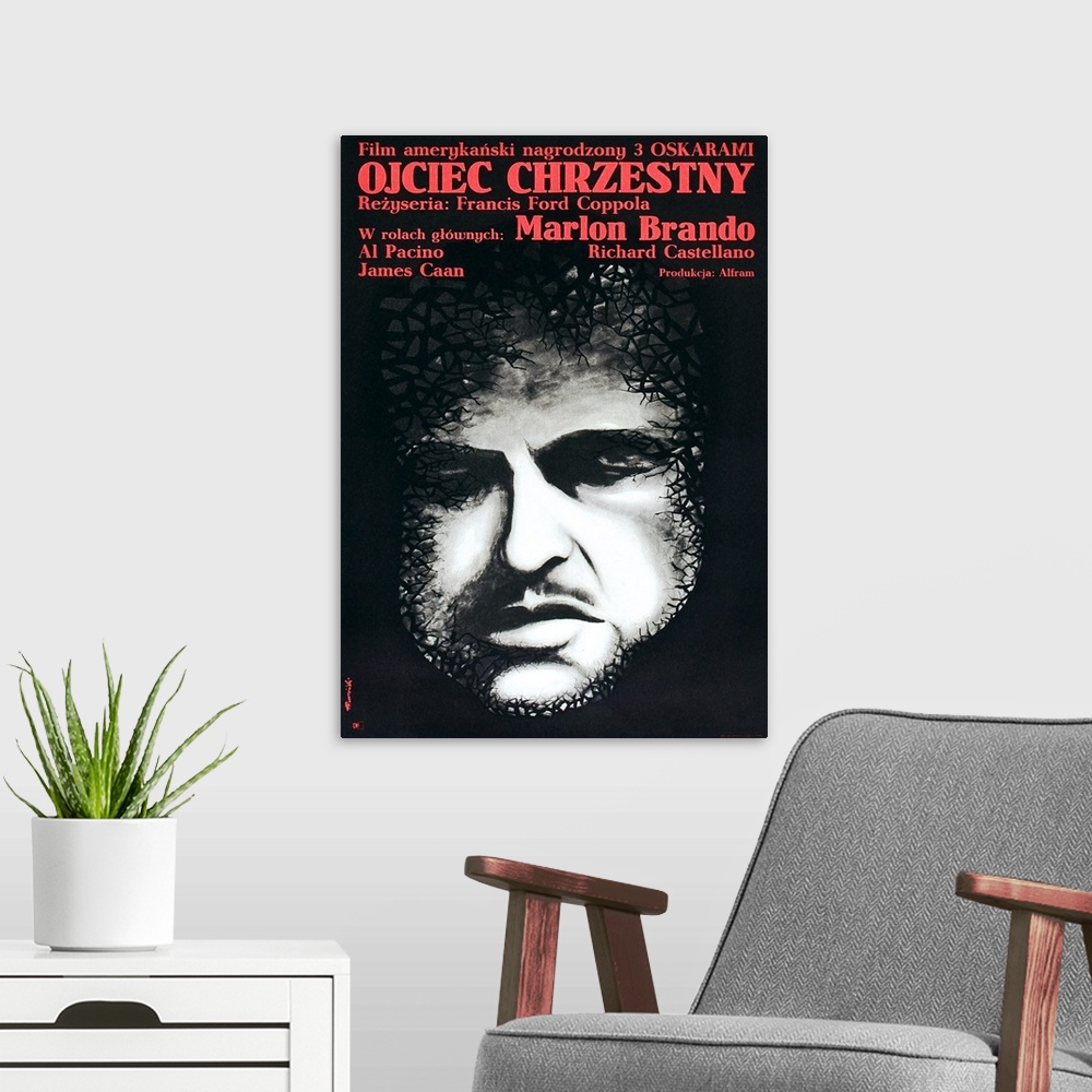 A modern room featuring The Godfather (aka Ojciec Chrzestny), Marlon Brando On Polish Poster Art, 1972.