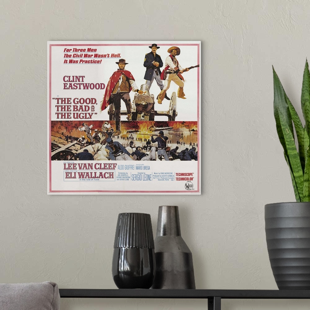 A modern room featuring The Good, The Bad, And The Ugly, L-R: Clint Eastwood, Lee Van Cleef, Eli Wallach On Poster Art, 1...
