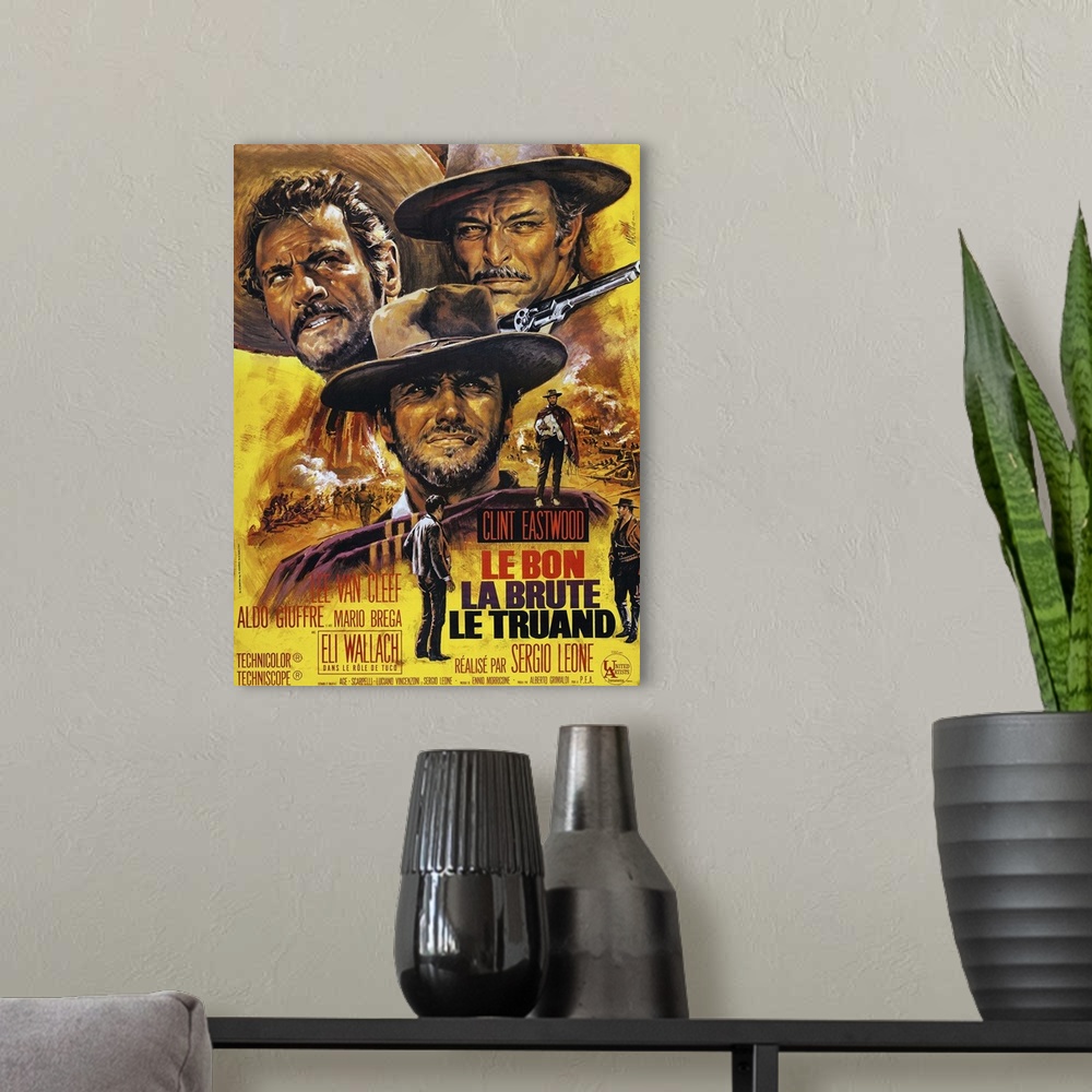 A modern room featuring Retro poster artwork for the film The Good The Bad The Ugly.