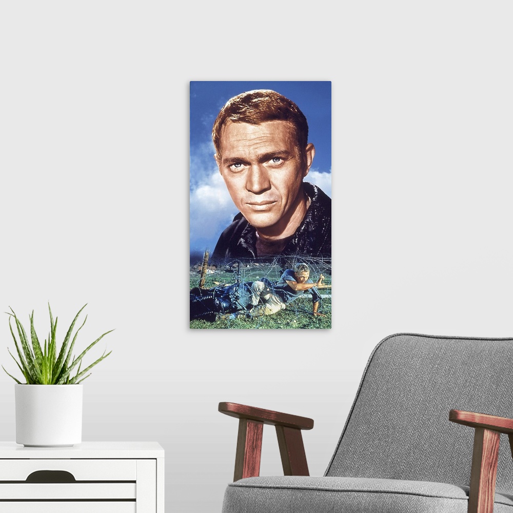 A modern room featuring THE GREAT ESCAPE, Steve McQueen, poster art, 1963.