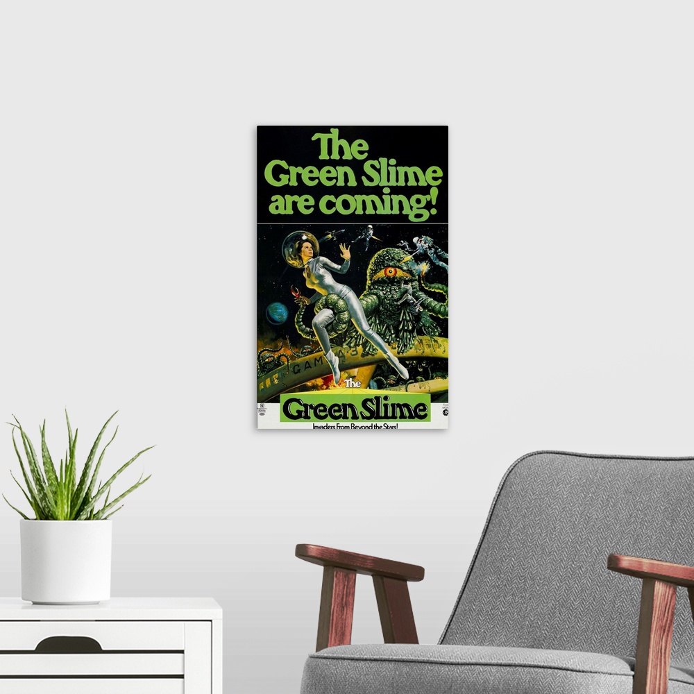 A modern room featuring The Green Slime - Vintage Movie Poster